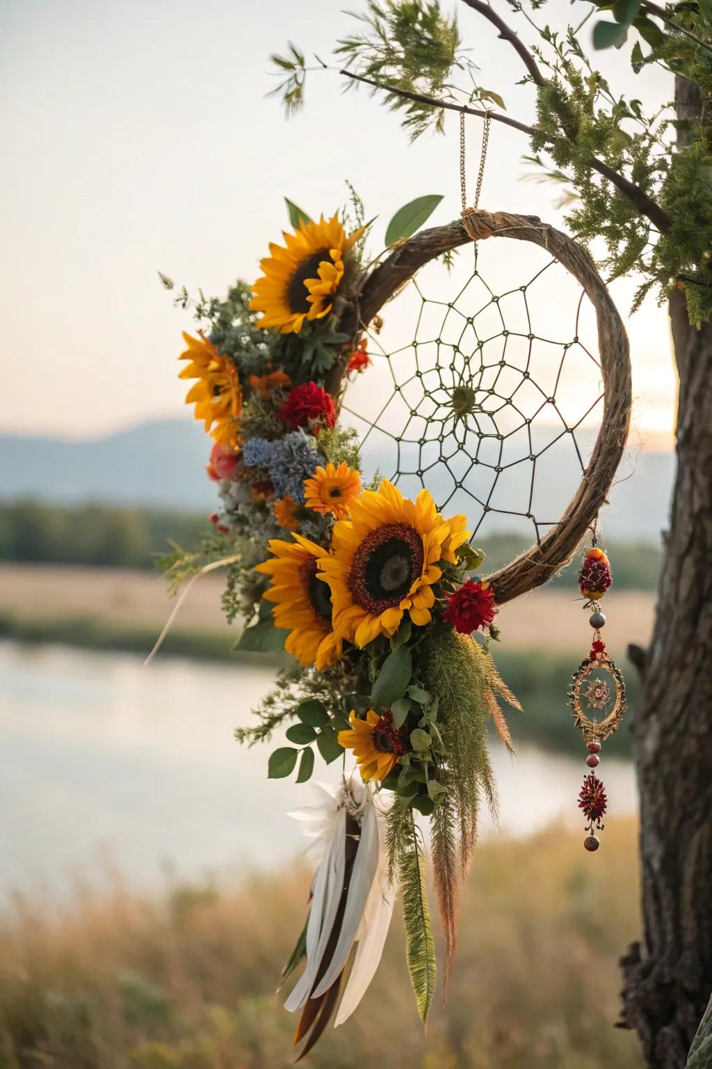 Dreamy boho vibes resonate in a sunflower dreamcatcher wreath.