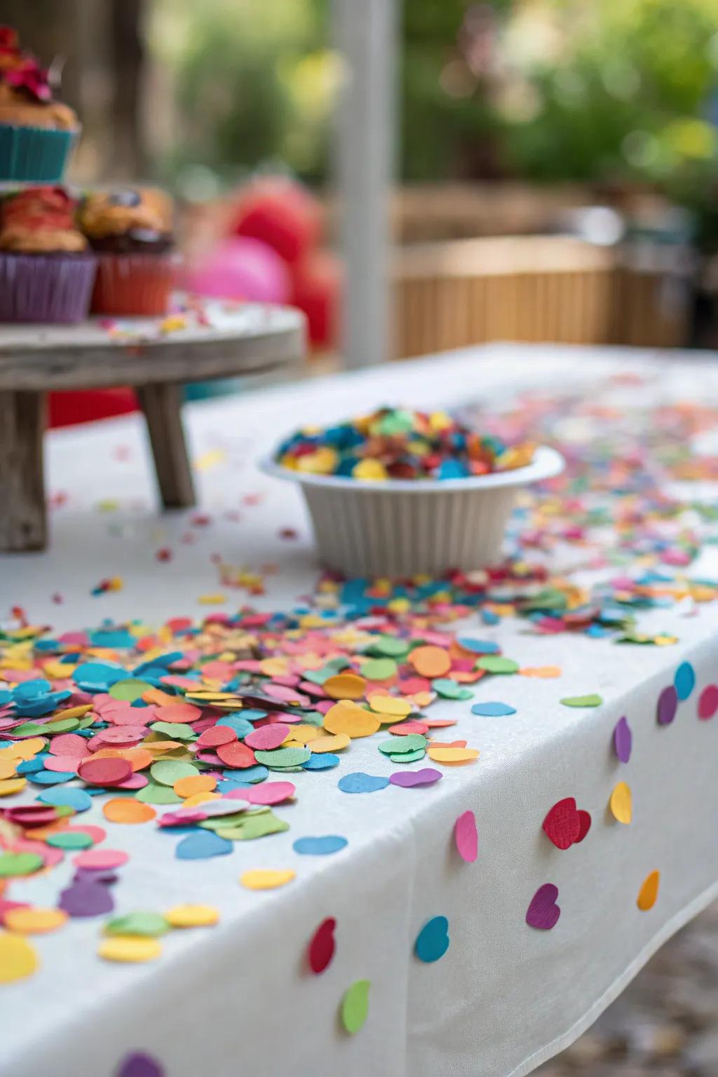 Vibrant confetti adds a celebratory nuance to the table settings.