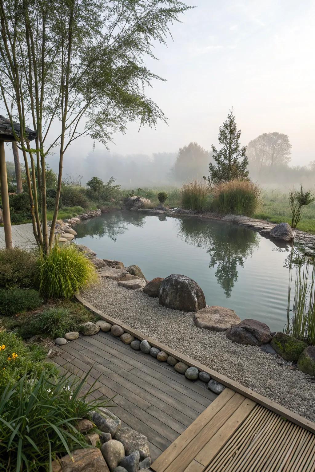 Zen garden elements offer tranquility and peace around the pond.