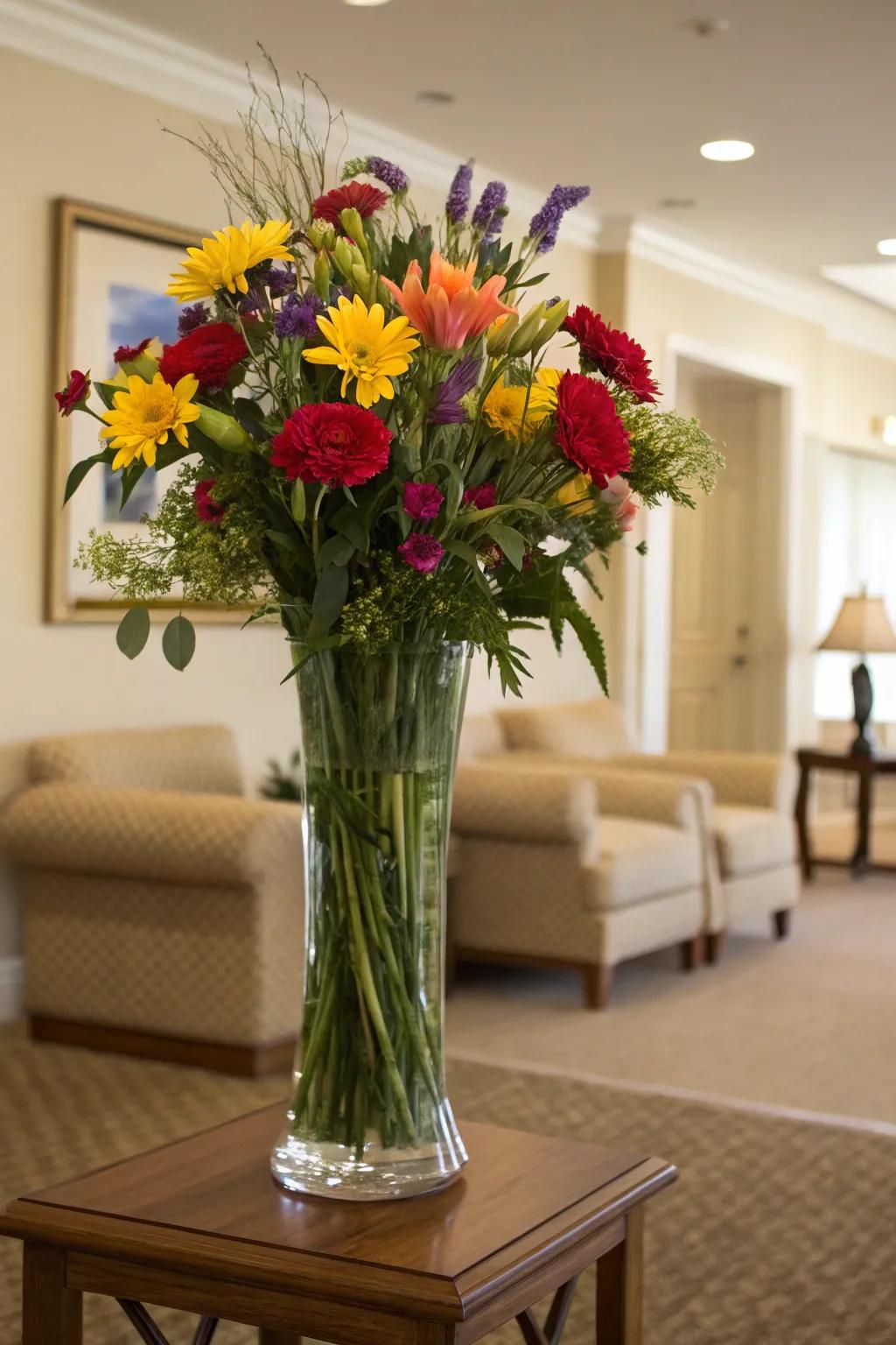 A tall glass vase exhibiting a vibrant floral arrangement, rendering a bold proclamation inside a subdued area.
