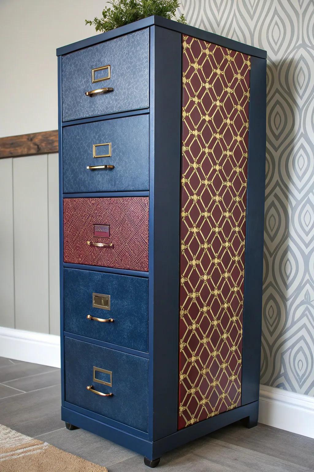 Unleash your creativity: Transform a filing cabinet into a masterpiece with paint, fabric, and adhesive covering!