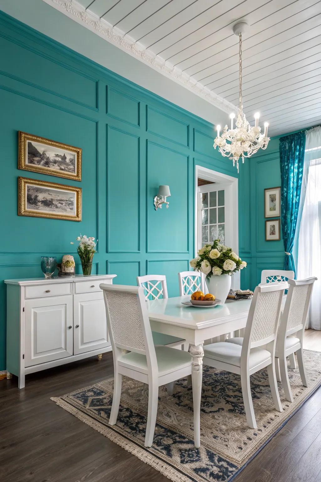Pure and teal forge a luminous, airy dining room