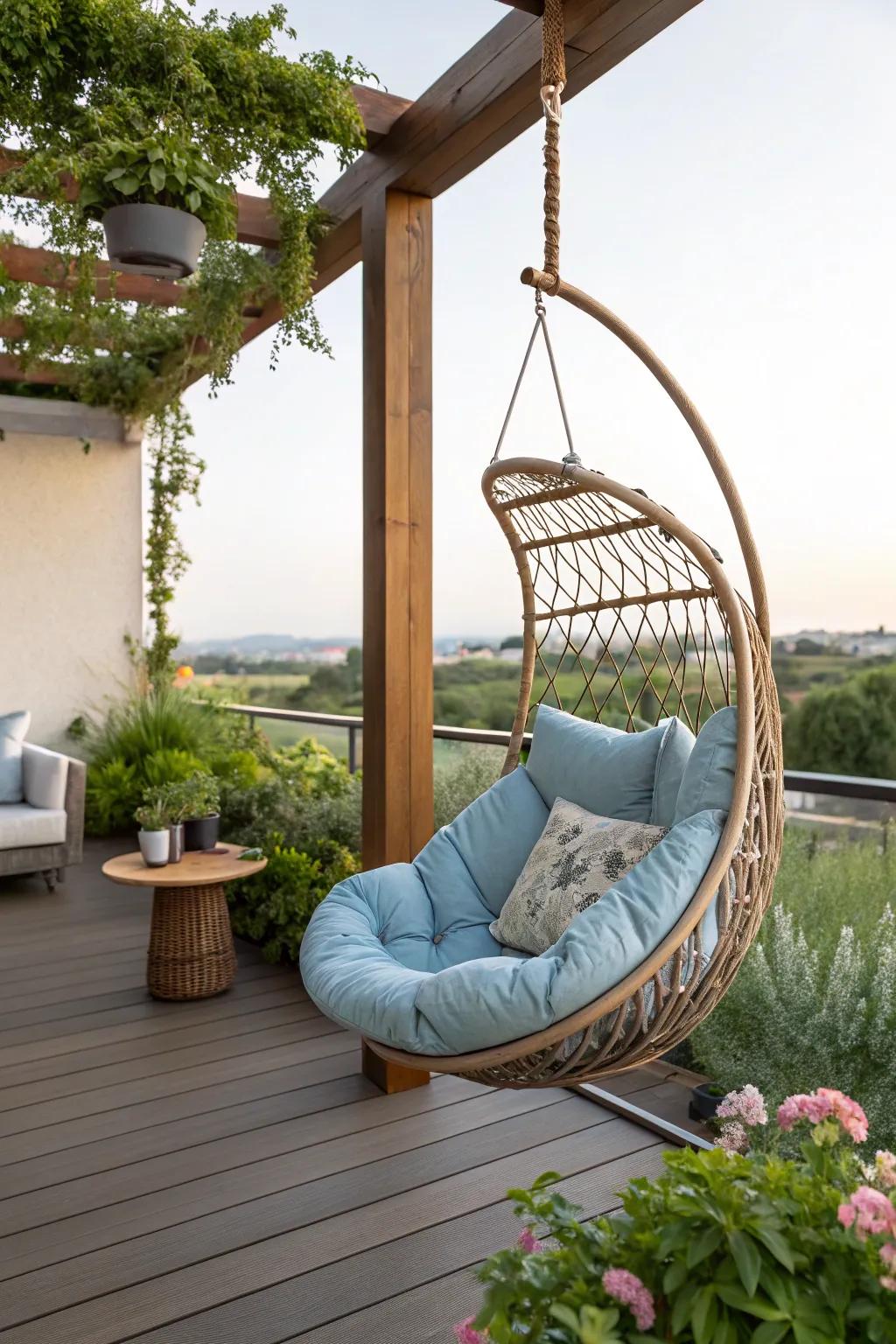Suspended seats render a distinctive spot for unwinding on terraces.