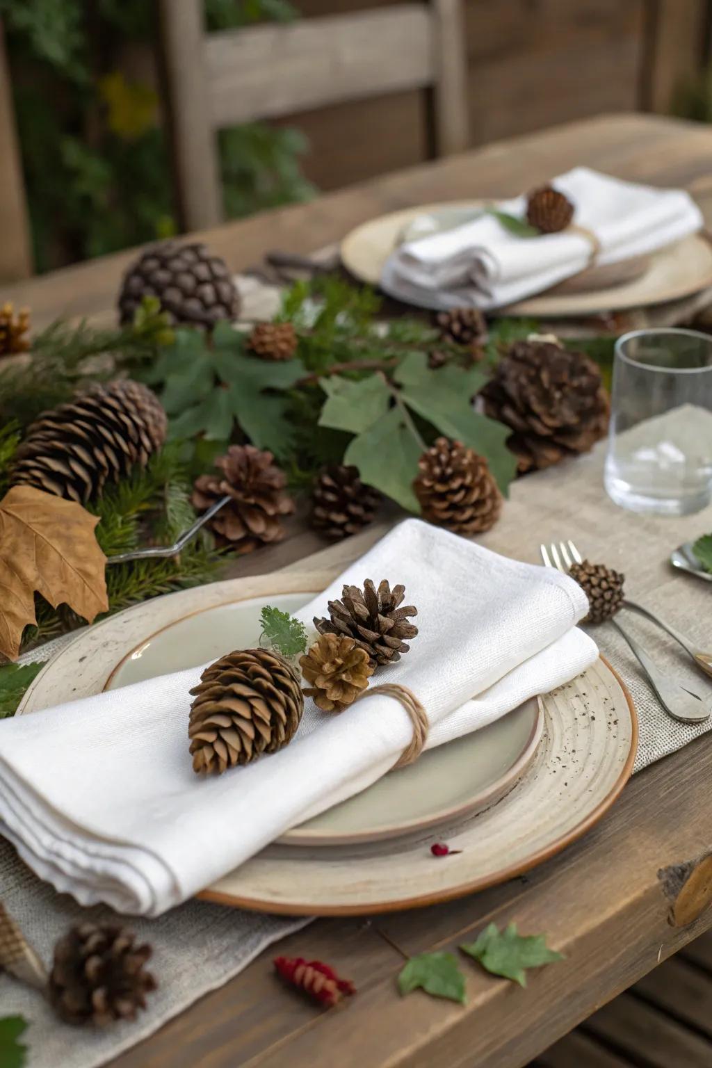Evergreen cones contribute woodland charm to your Thanksgiving table.