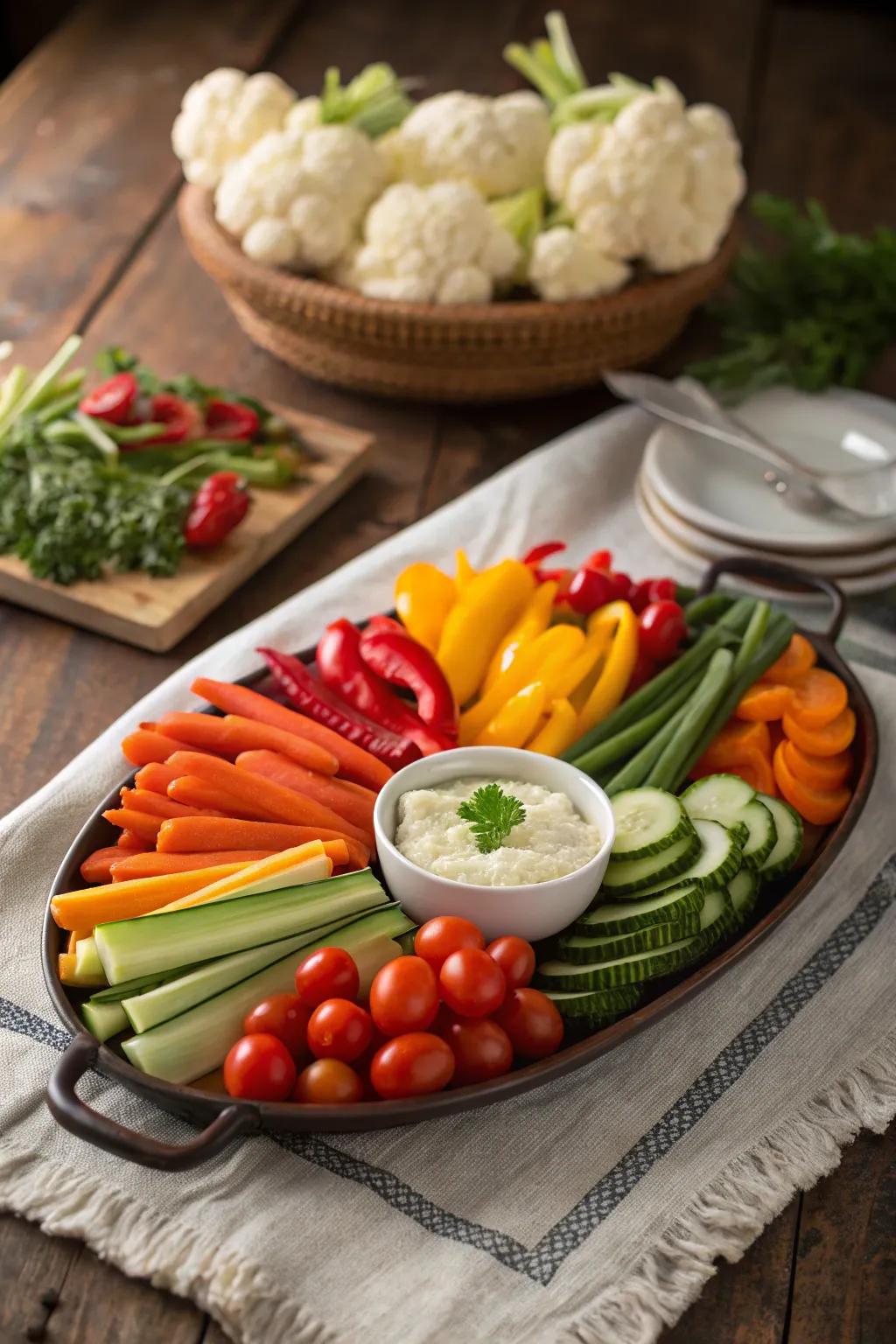 A vibrant cornucopia filled with crudités.