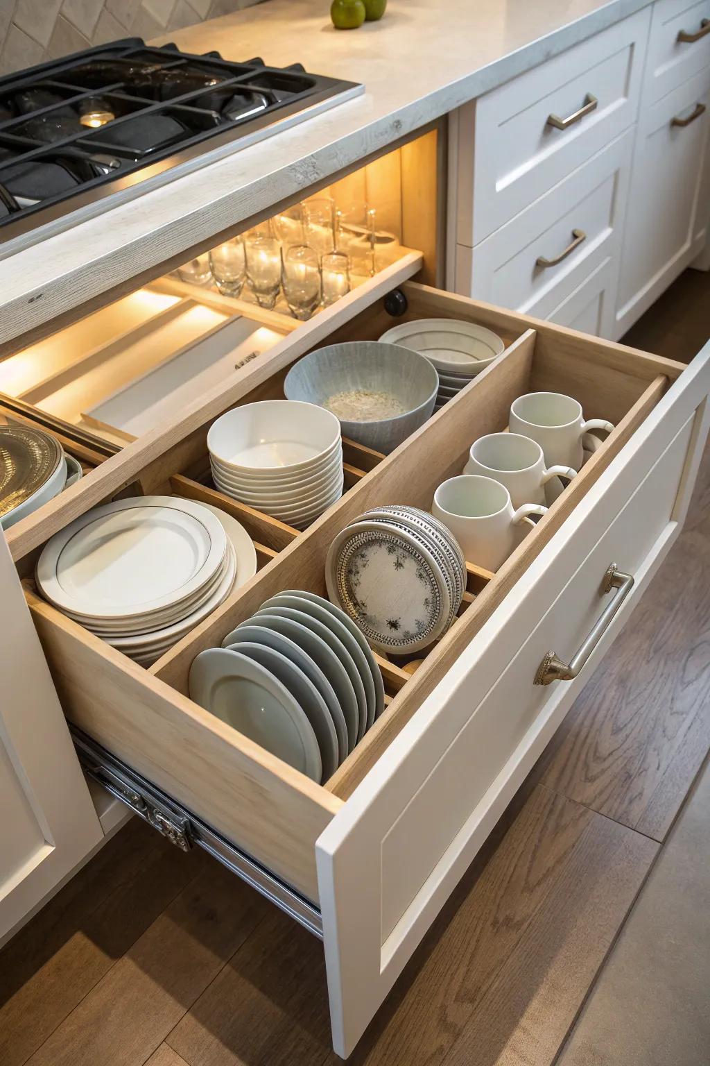 For easy access, sturdy dish drawers include adjustable pegs.