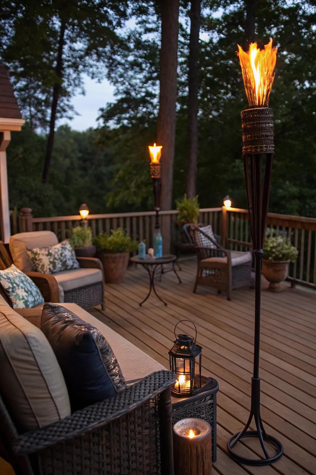 Stretch your living space with flame posts on the patio.