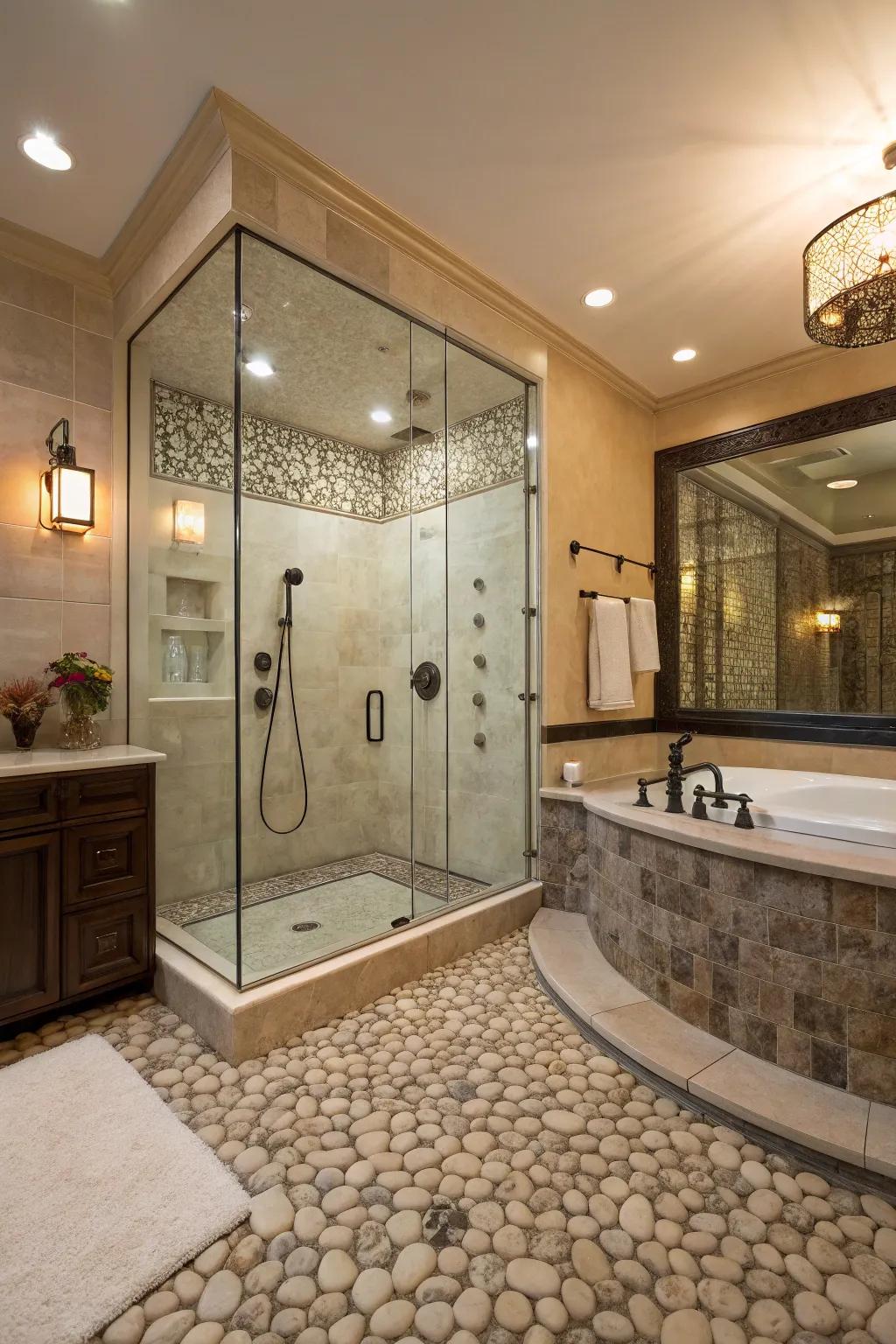 Cobblestone panels craft a relaxing, spa-like experience in this bathroom.