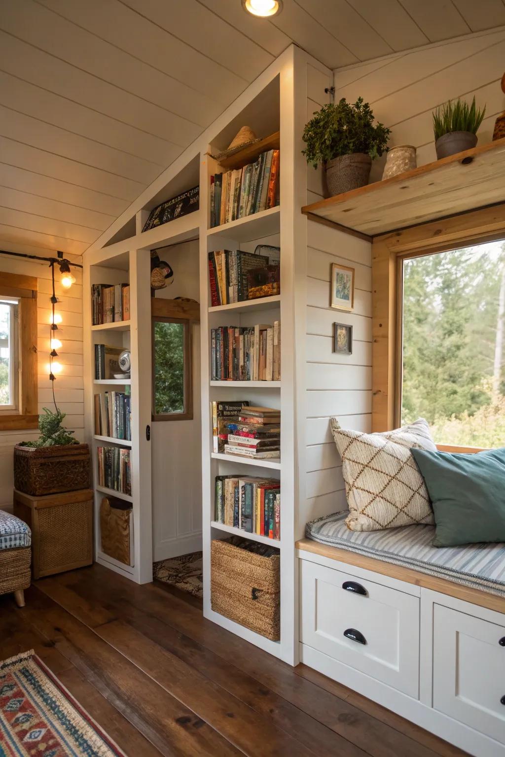 Storage partitions in a tiny house offer dual functionality