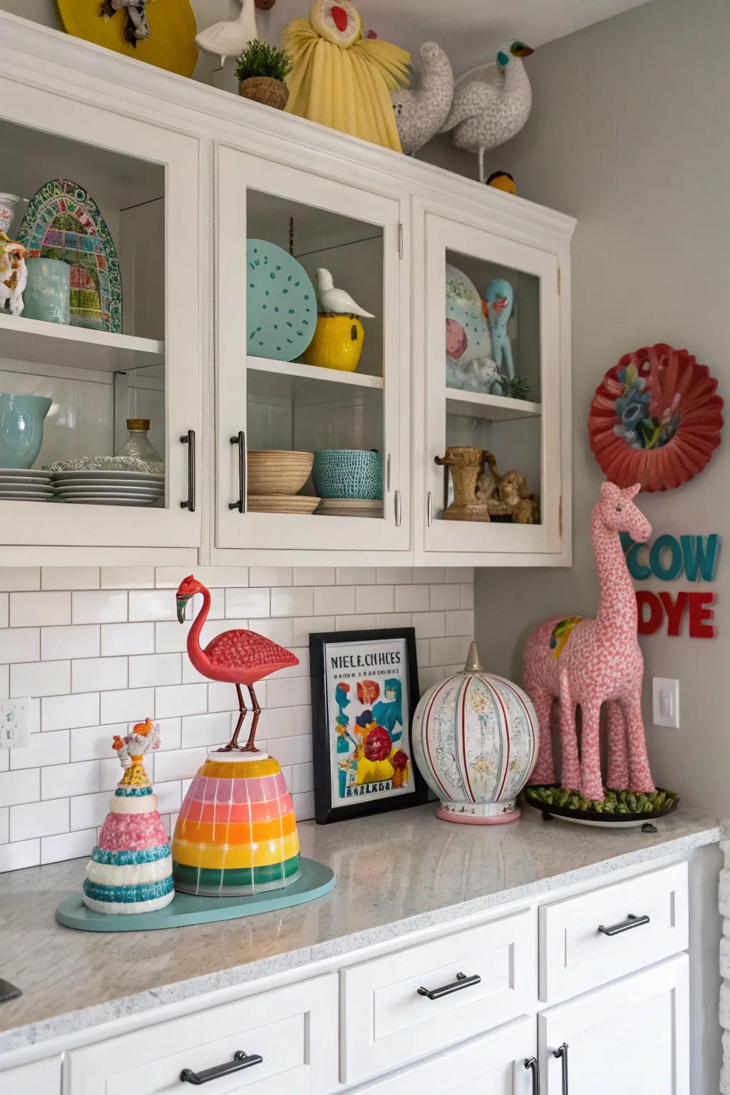 Add a playful touch with whimsical decor above your cabinets.