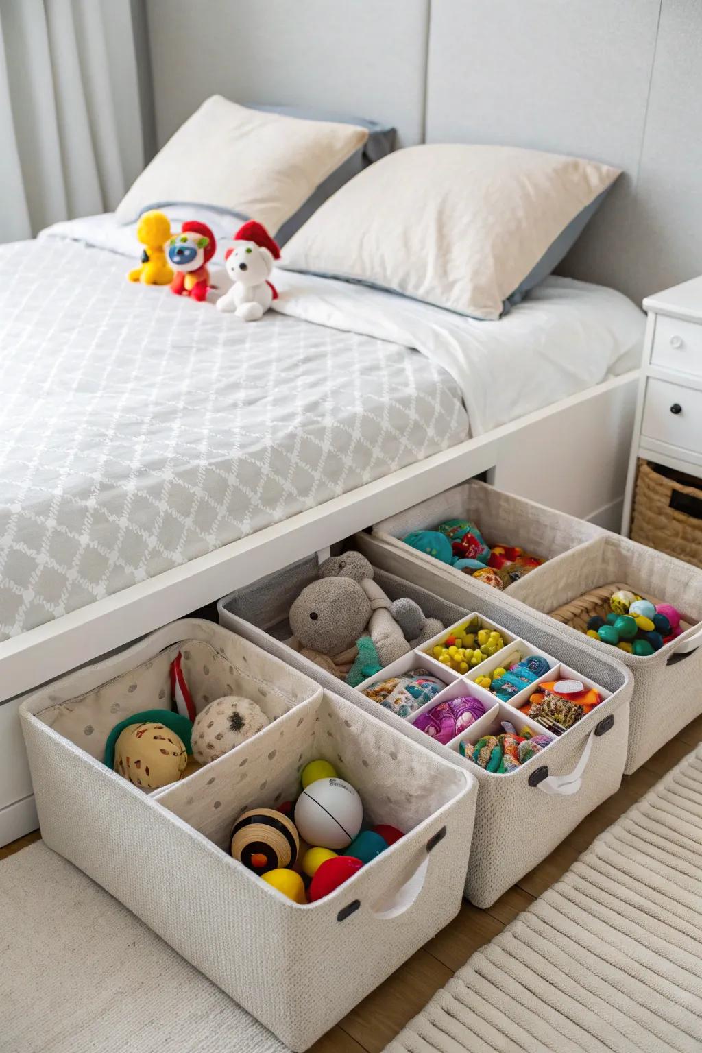Under-mattress stowage maximizes space for larger toys.