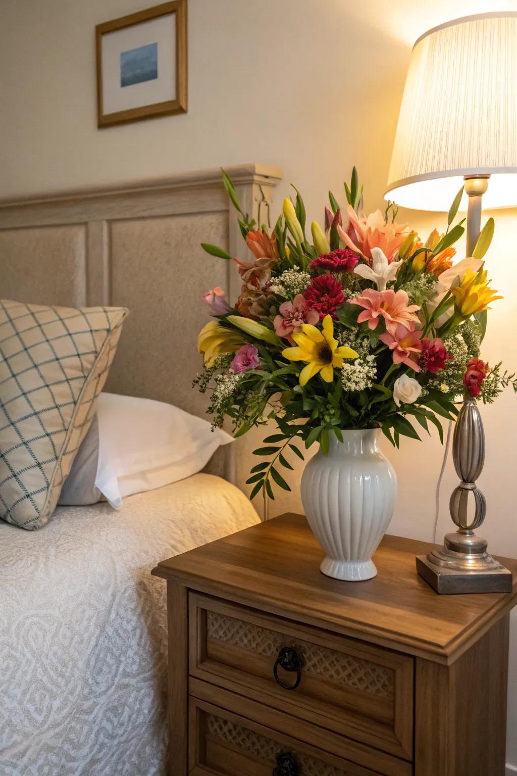 Floral arrangements brighten a room.