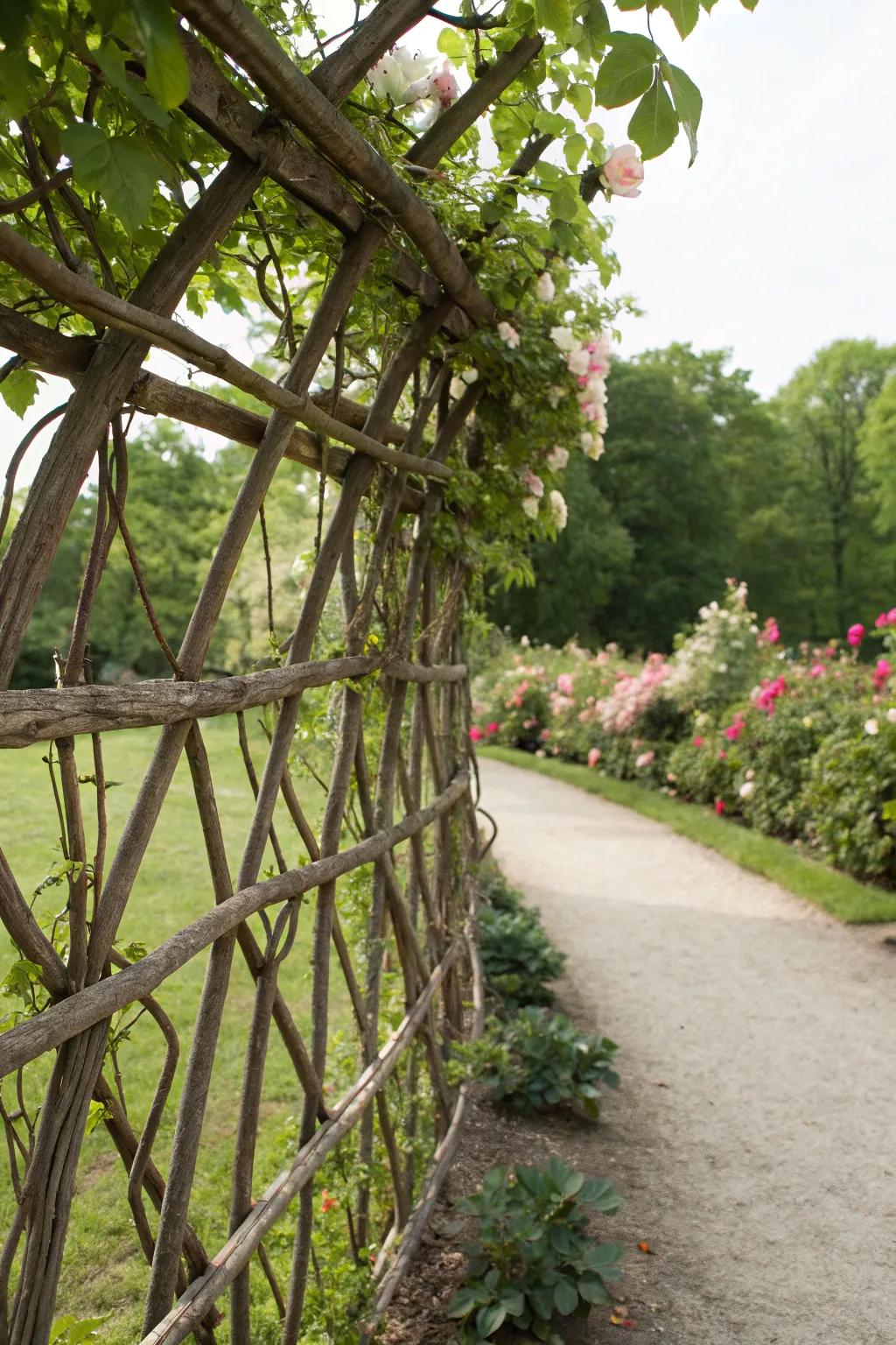 A lattice branch fence provides airy elegance.