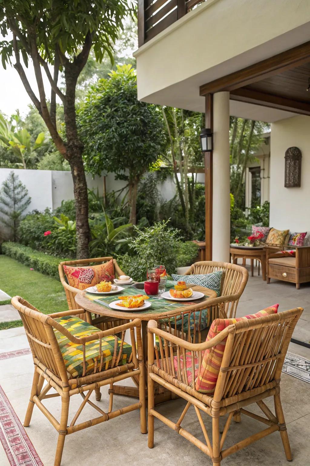 A dining area with tropical flair is impeccable for outdoor meals.