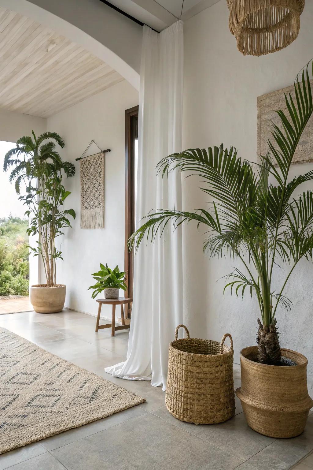 A mix of tropical and minimalist designs produces a modern, tranquil space.