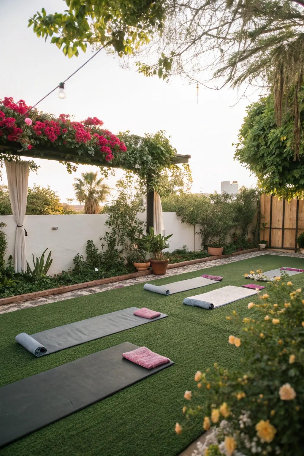 A peaceful yoga haven on a lawn patio.