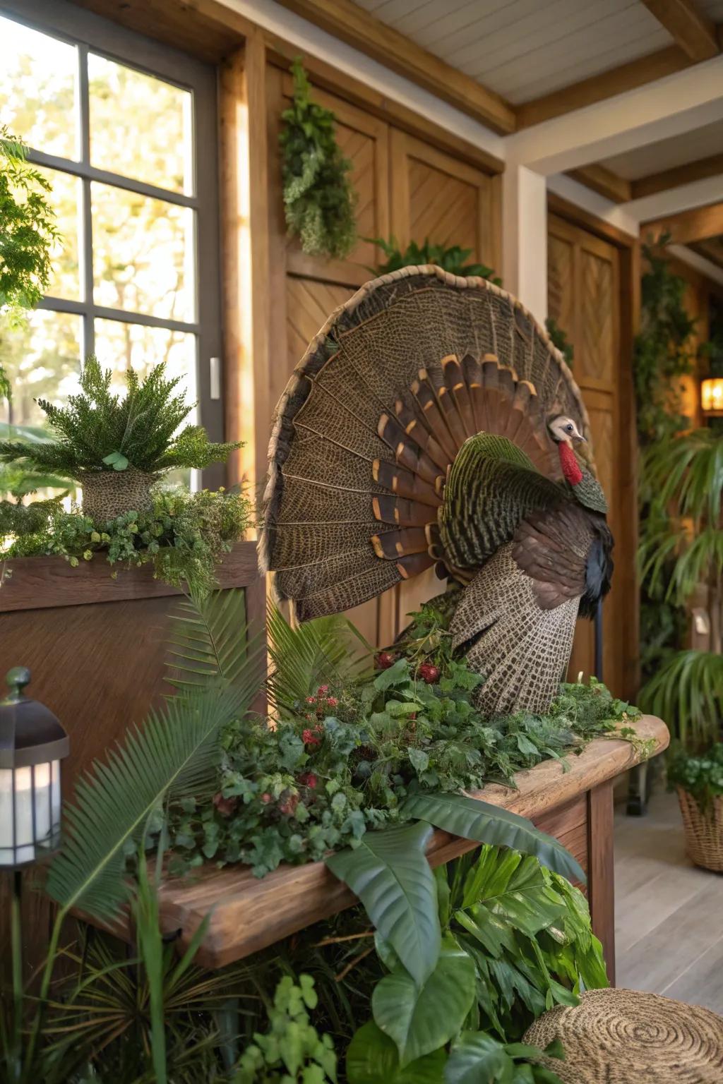 Foliage injects a refreshing, natural aspect into a turkey fan arrangement.