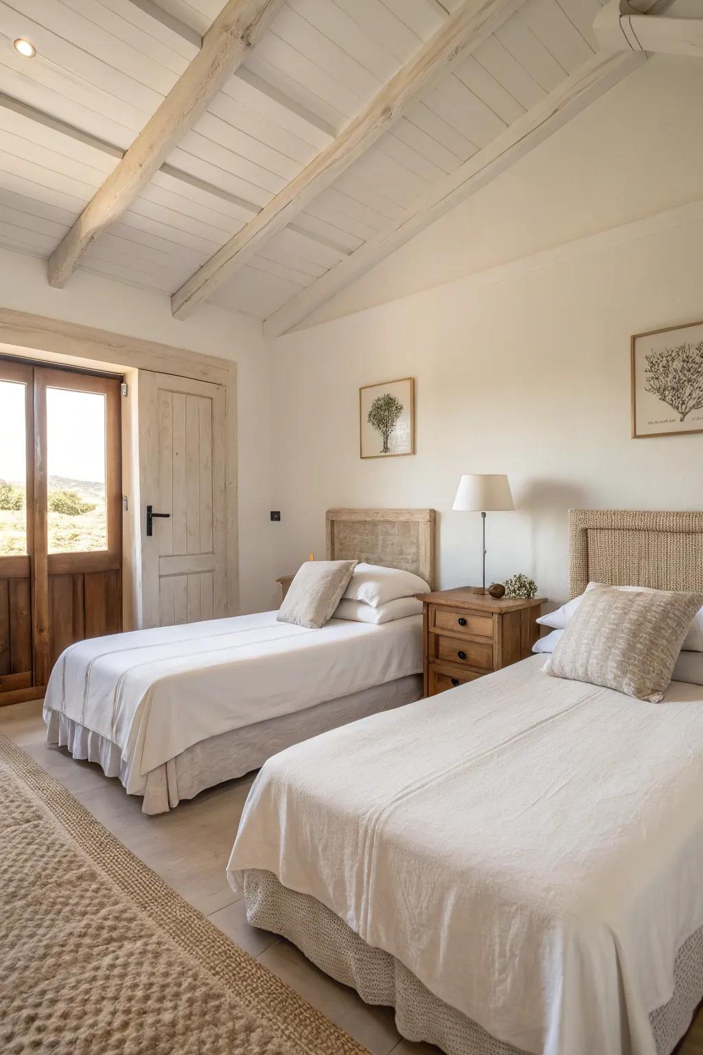 Minimalism fosters a spacious and soothing sanctuary with twin beds.