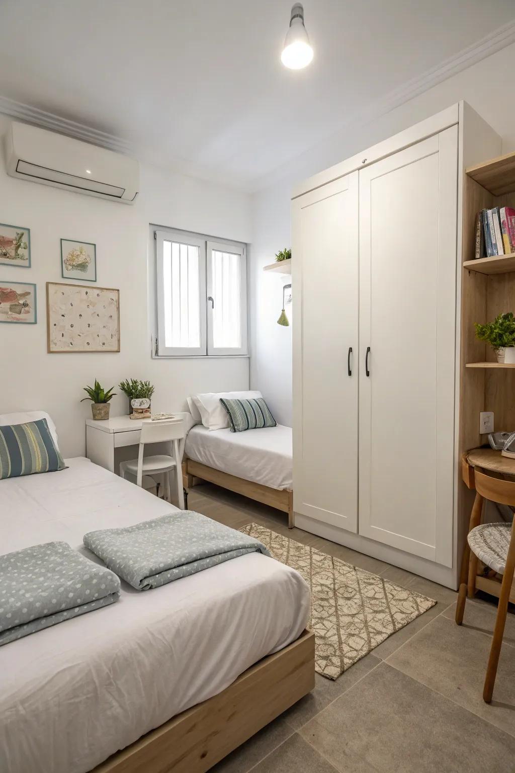 A minimalist design creates a tranquil atmosphere in a shared bedroom.