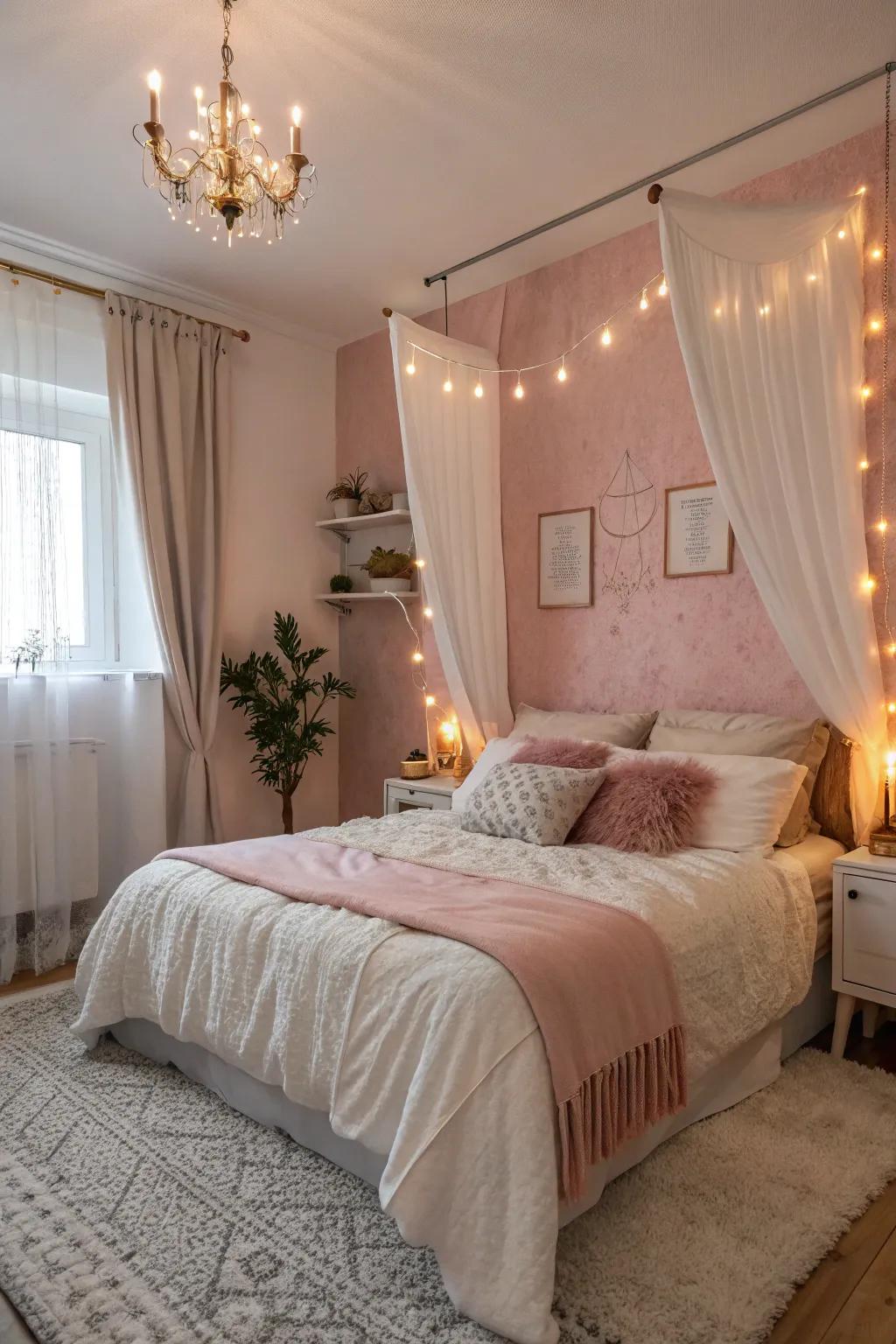 A serene bedroom featuring pastel rose and white walls, exuding romance and calm.