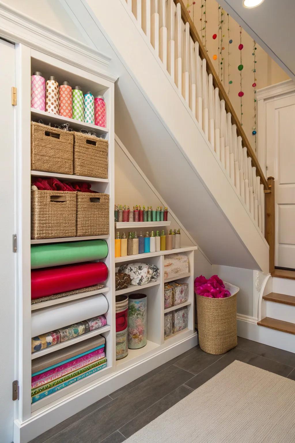 A specialized present wrapping station beneath the staircase for all your celebrations.