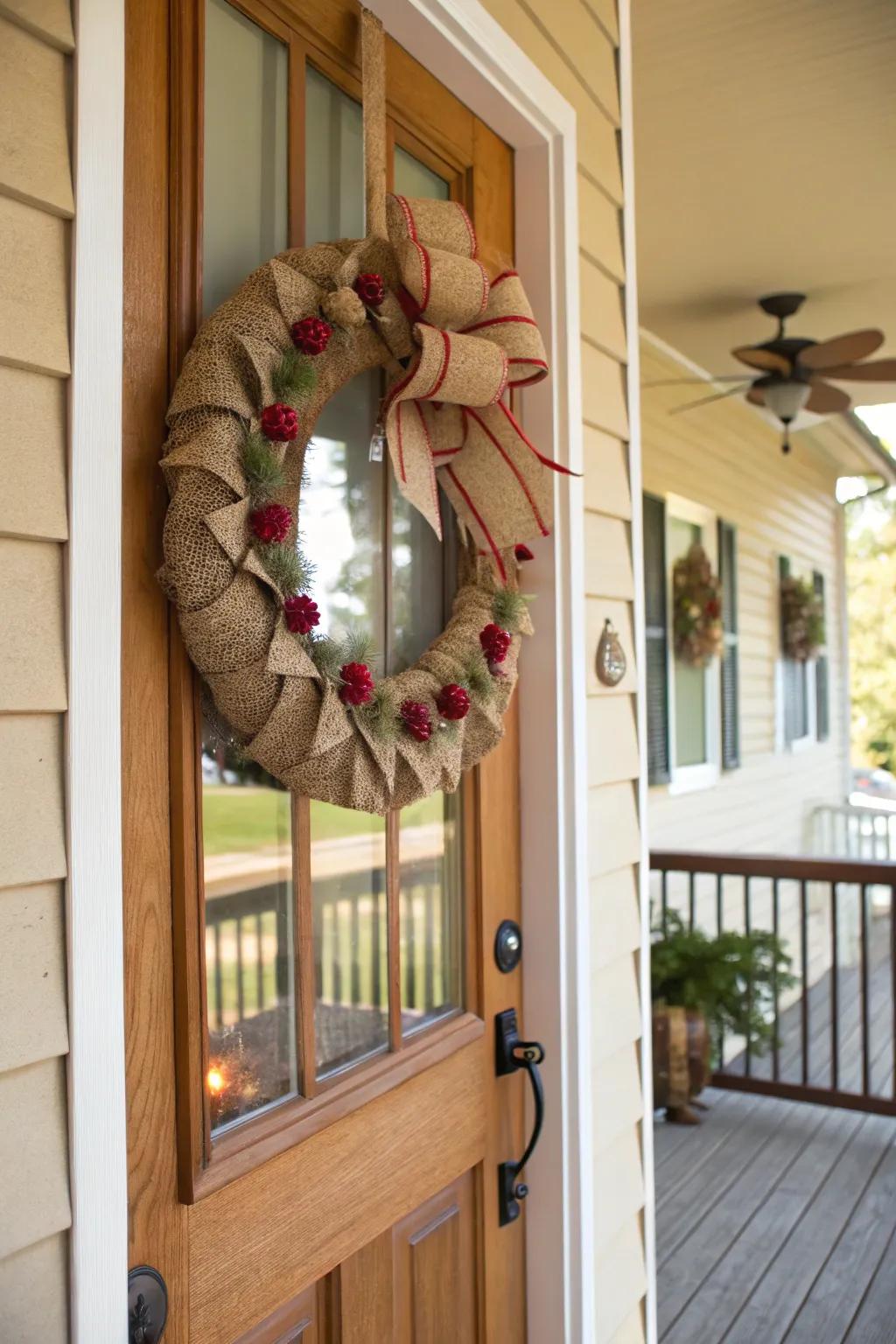Homespun and ribbon create a rustic allure for your door.