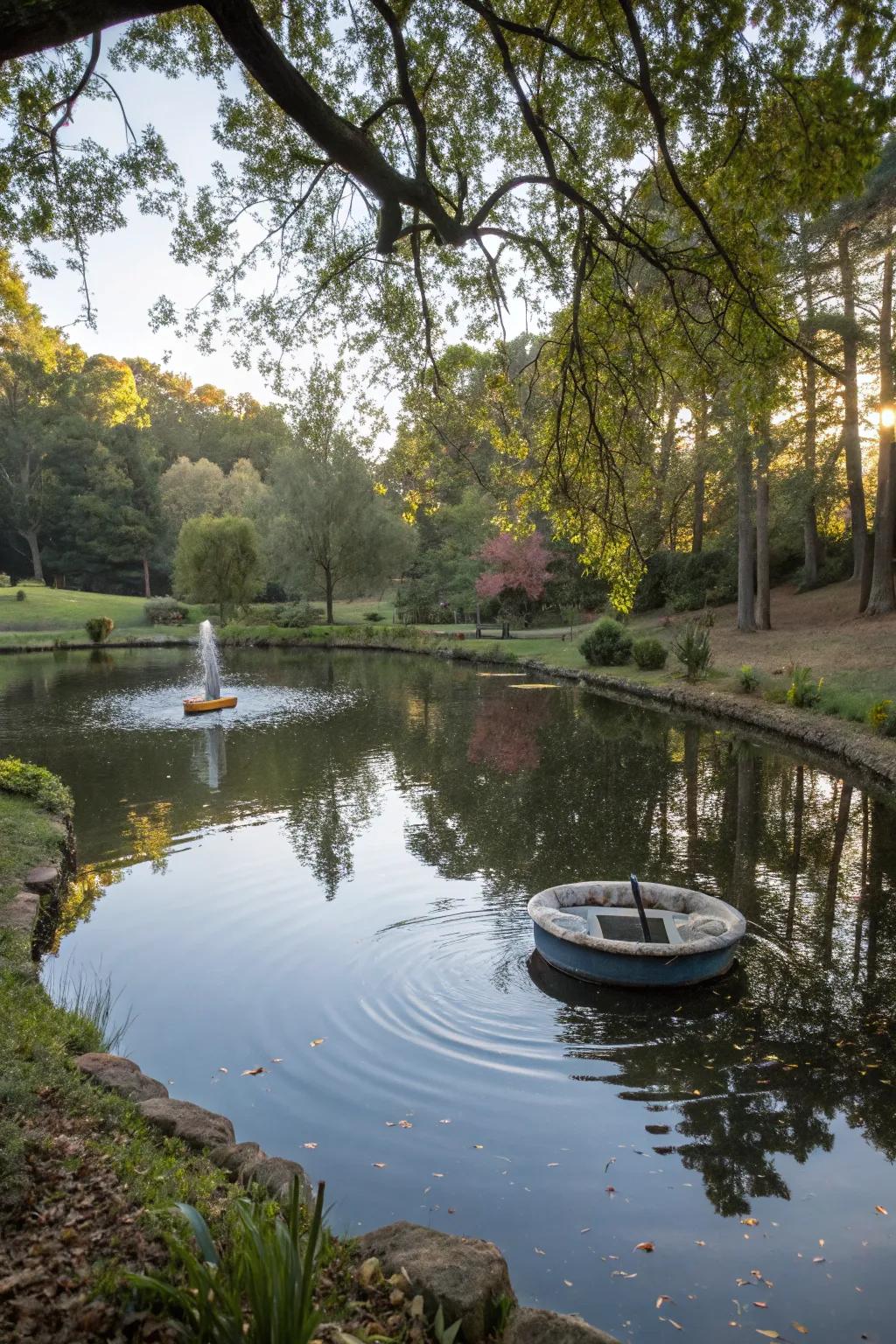 Drifting water elements add whimsy to pond surfaces.