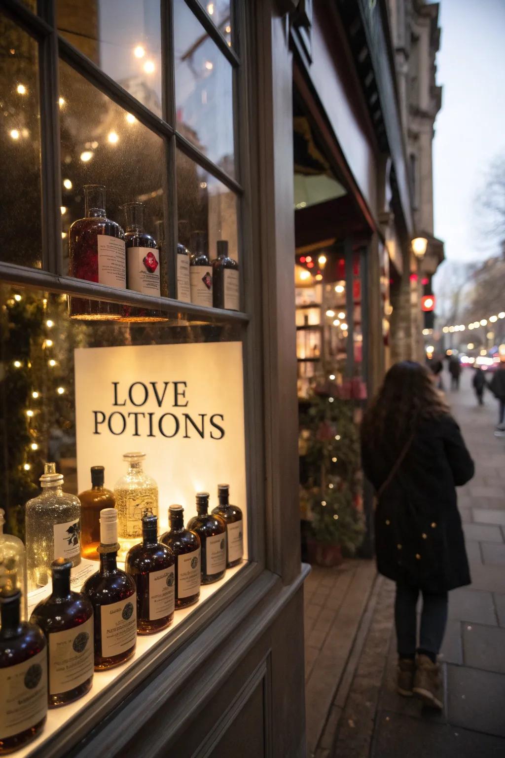 A display of mystical love potions that adds intrigue to a Valentine's Day window.