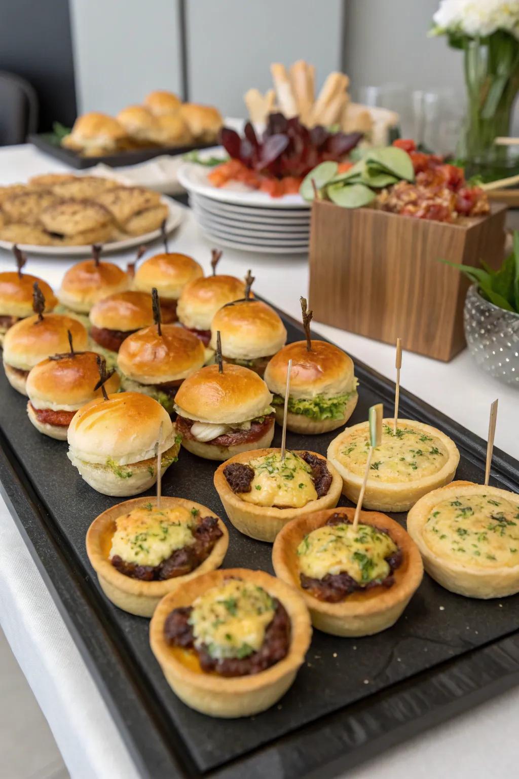 Gourmet snacks keep guests satisfied and match the upscale theme seamlessly.