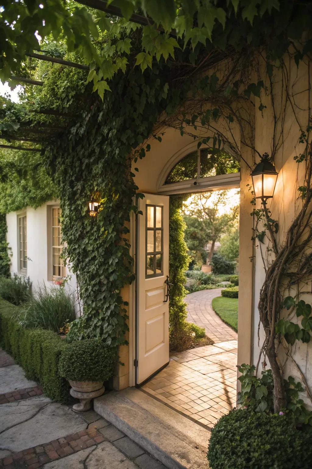 Establish the ambiance through a creeper-adorned entryway.