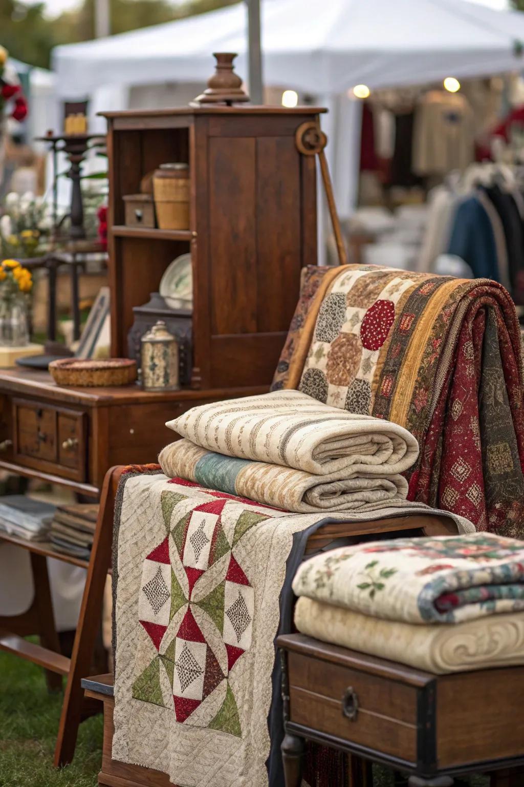 Textiles incorporate warmth and texture to vintage displays.