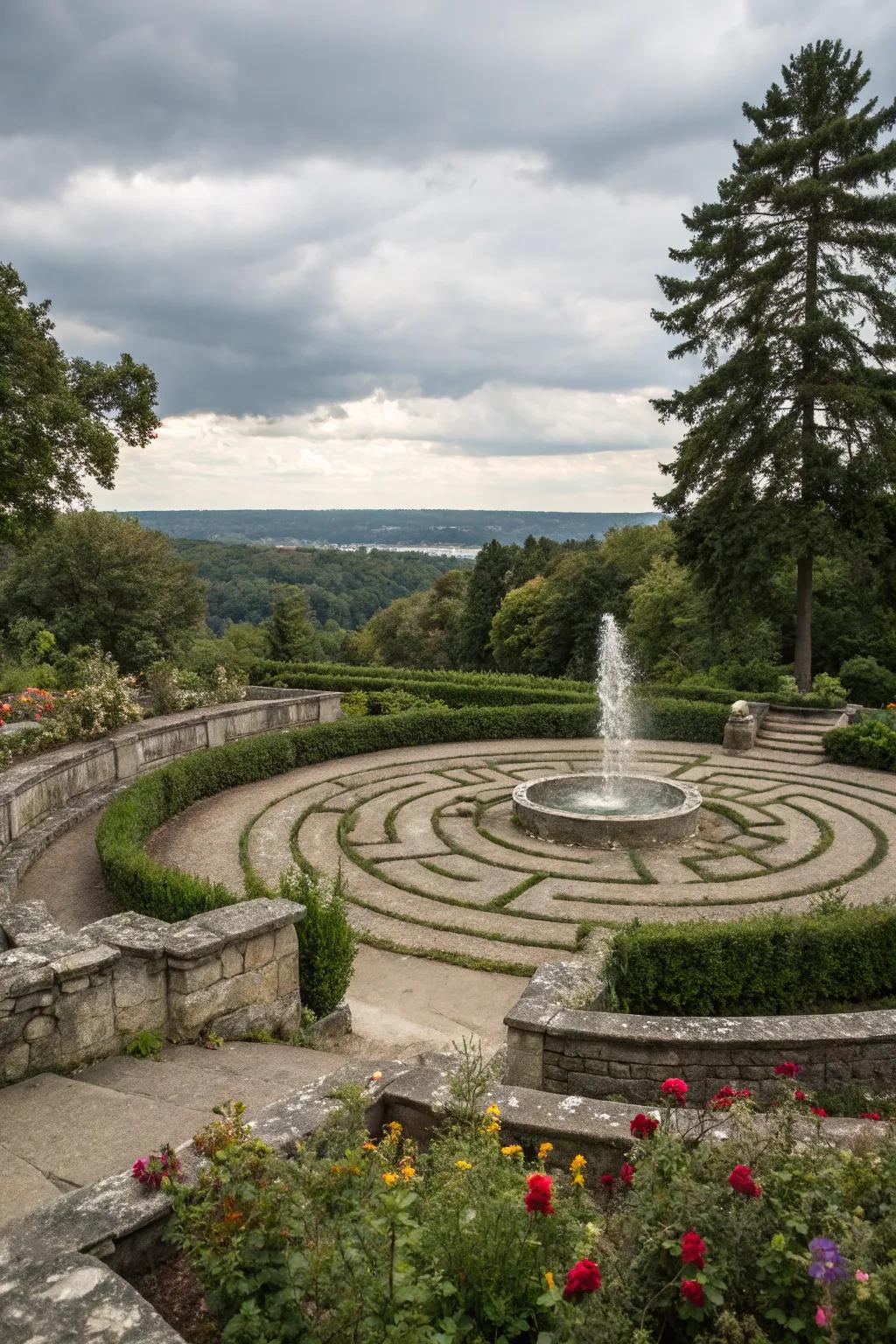 A water feature labyrinth amplifies serenity with calming melodies.