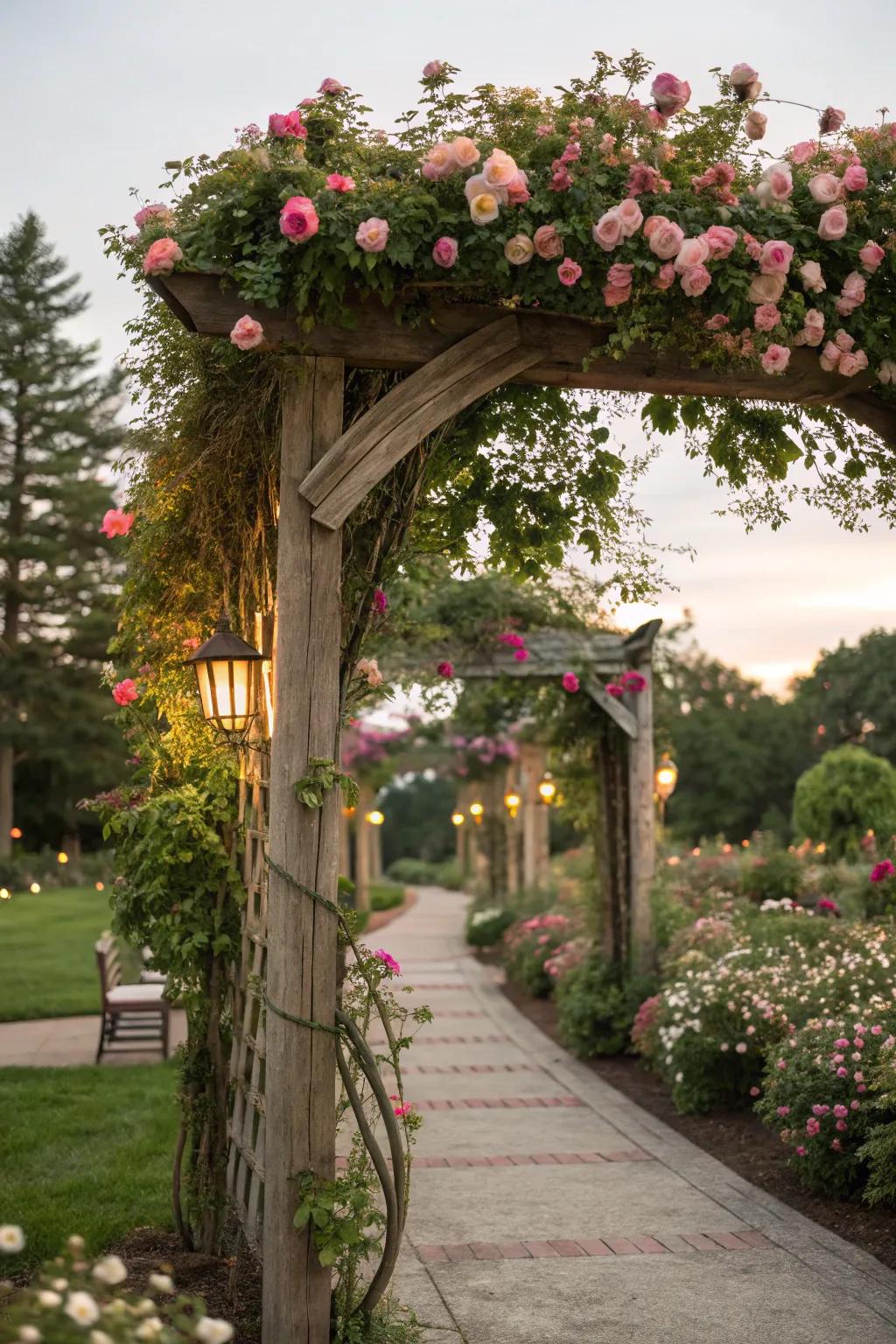 Flower-draped arches cultivate a dreamy, romantic garden ambiance.
