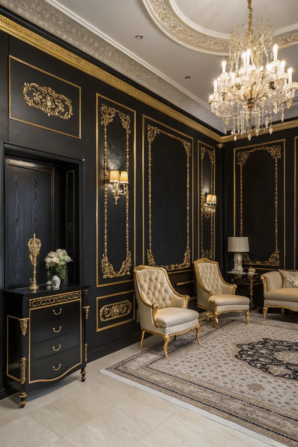 Luxury and drama with ebony walls and glimmer trim.