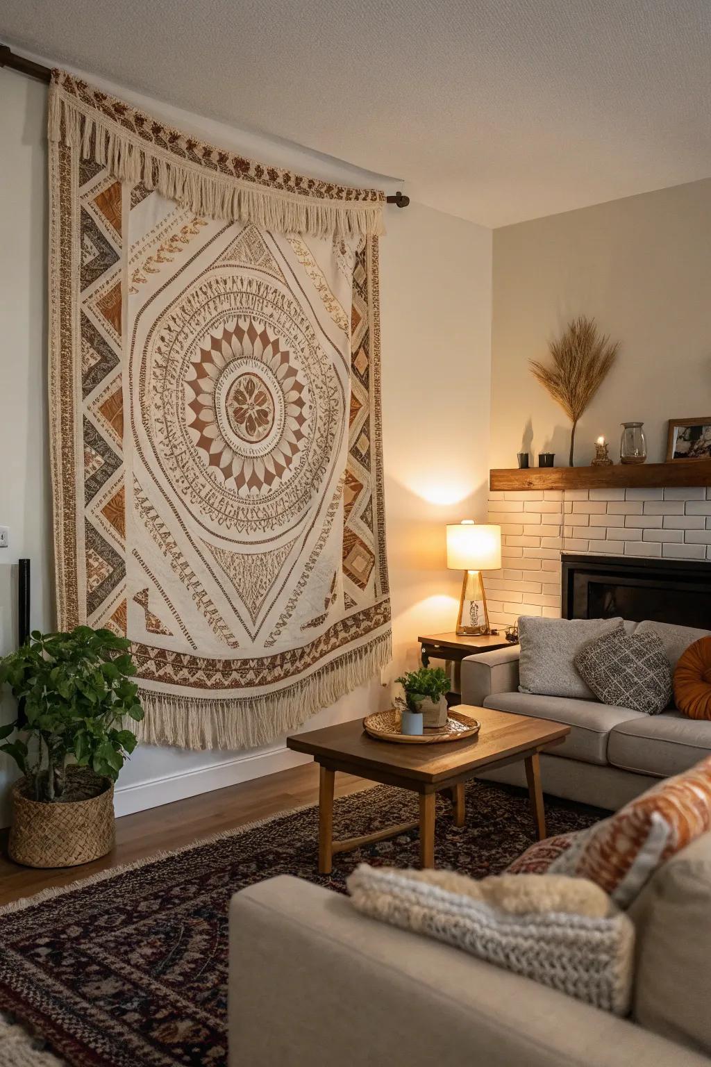A woven tapestry imparts warmth and texture to the living space.