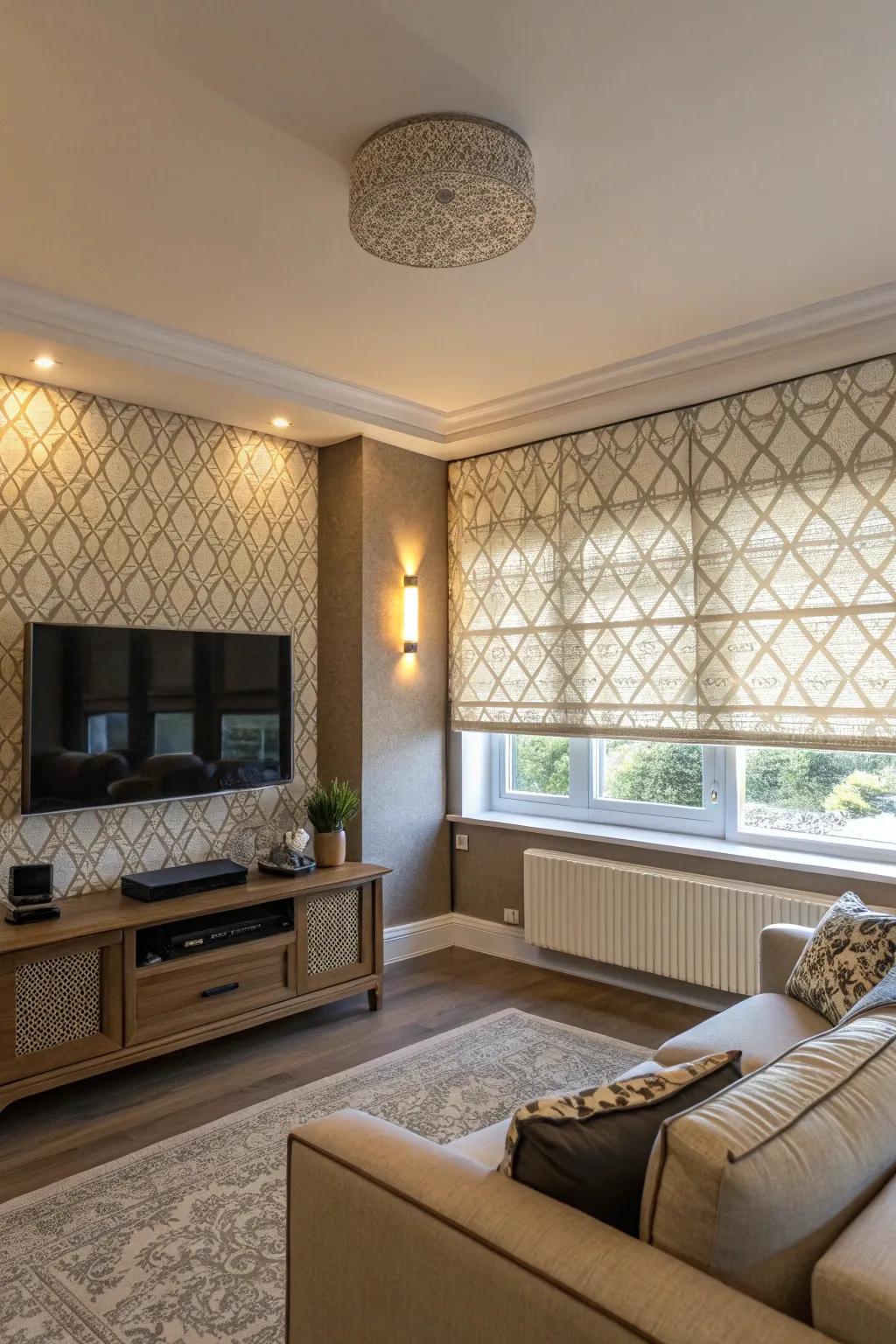 Roller blinds elegantly conceal your TV.