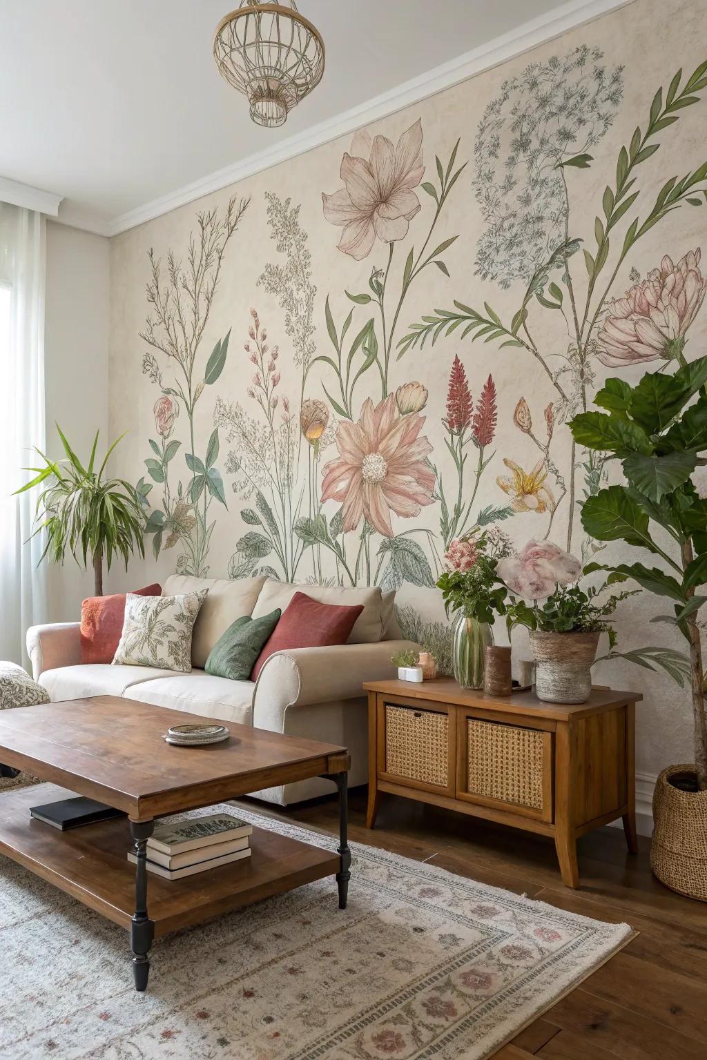 Introduce character by using a charming aged herbal mural.