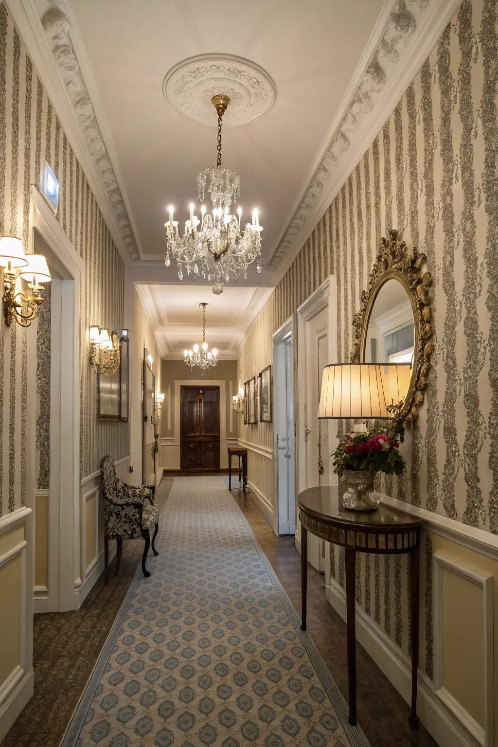 Striped wallpaper offers timeless elegance and a sense of height.