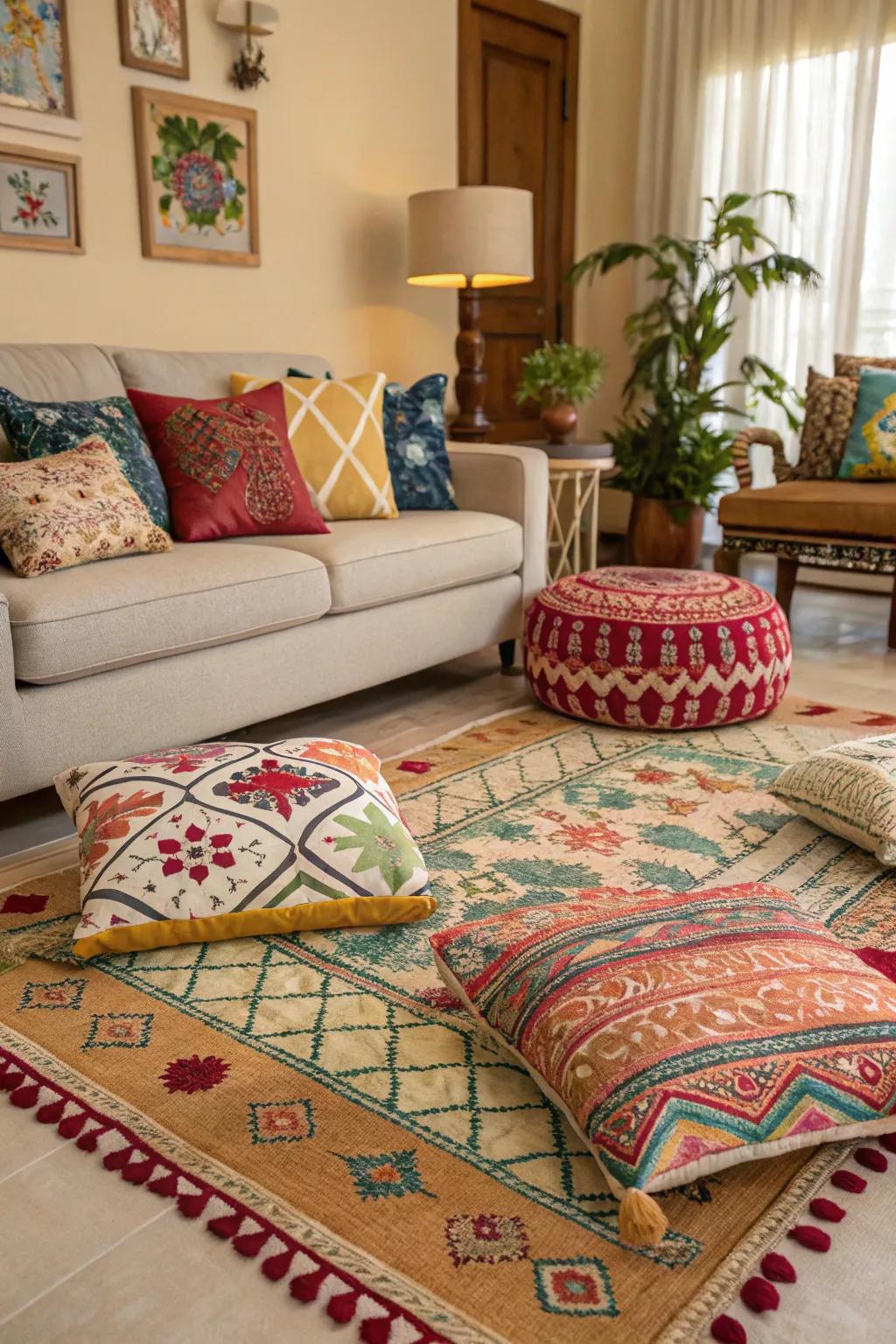 Mixing patterns adds liveliness to a neutral family room.