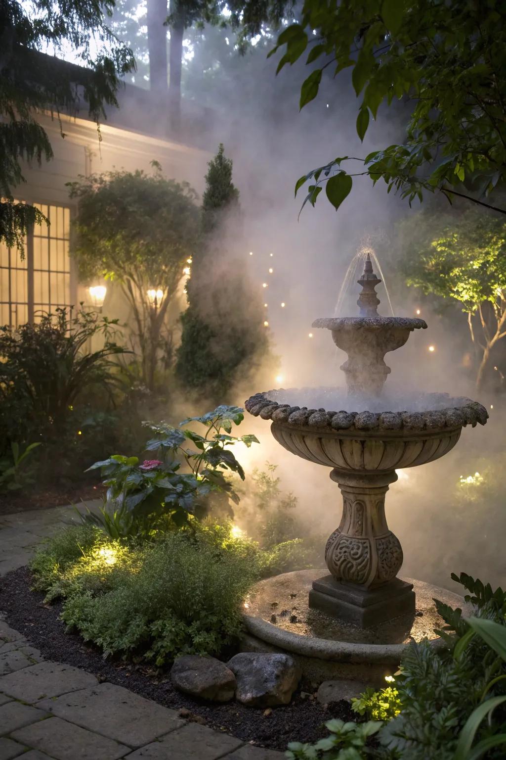 A fog water feature builds a dreamy garden mood.
