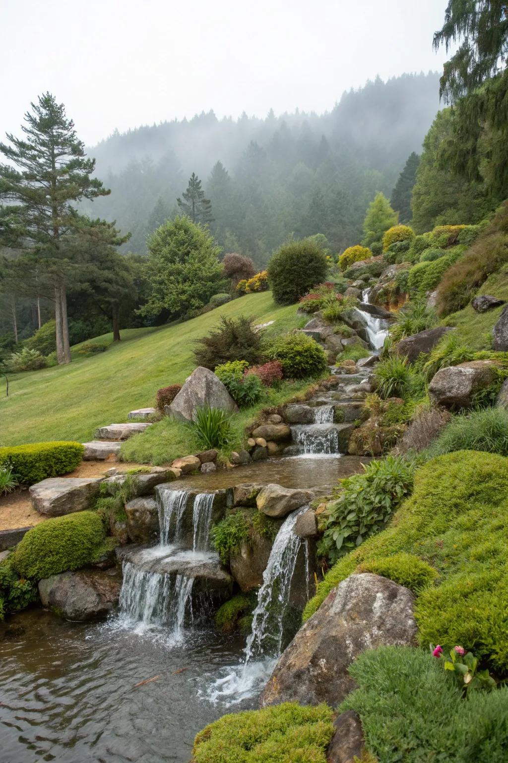 A graded garden waterfall elevates the landscape's wild features.