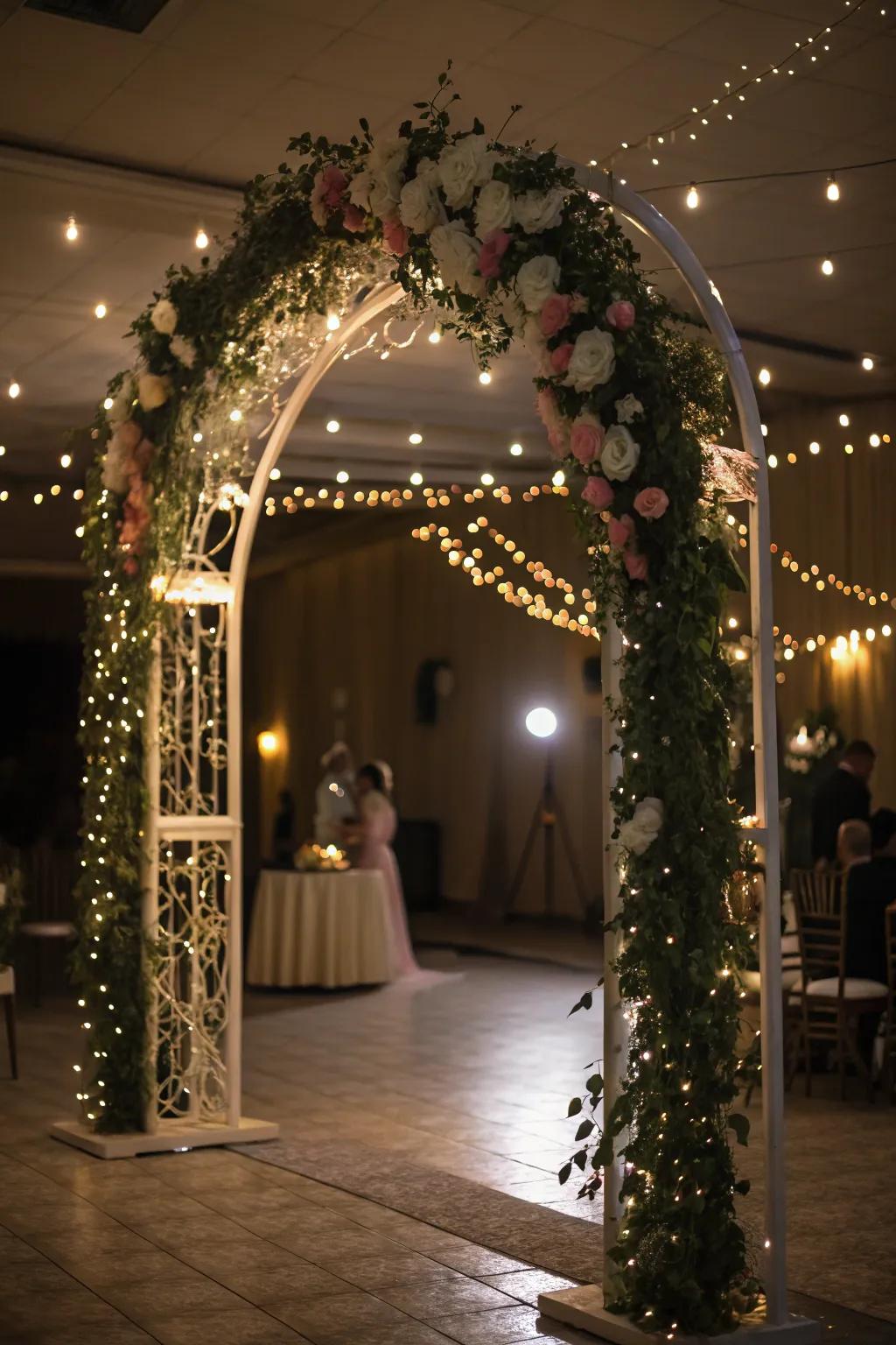 Twinkling fairy lights introduce an ethereal touch to a wedding arch.