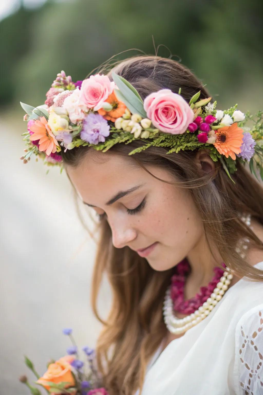 Tailored floral headpiece featuring vibrant blossoms