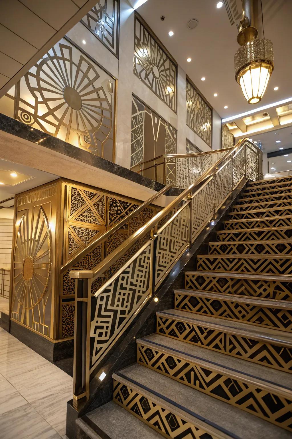 Art deco style contributes a bold, attention-grabbing statement to this stairway.