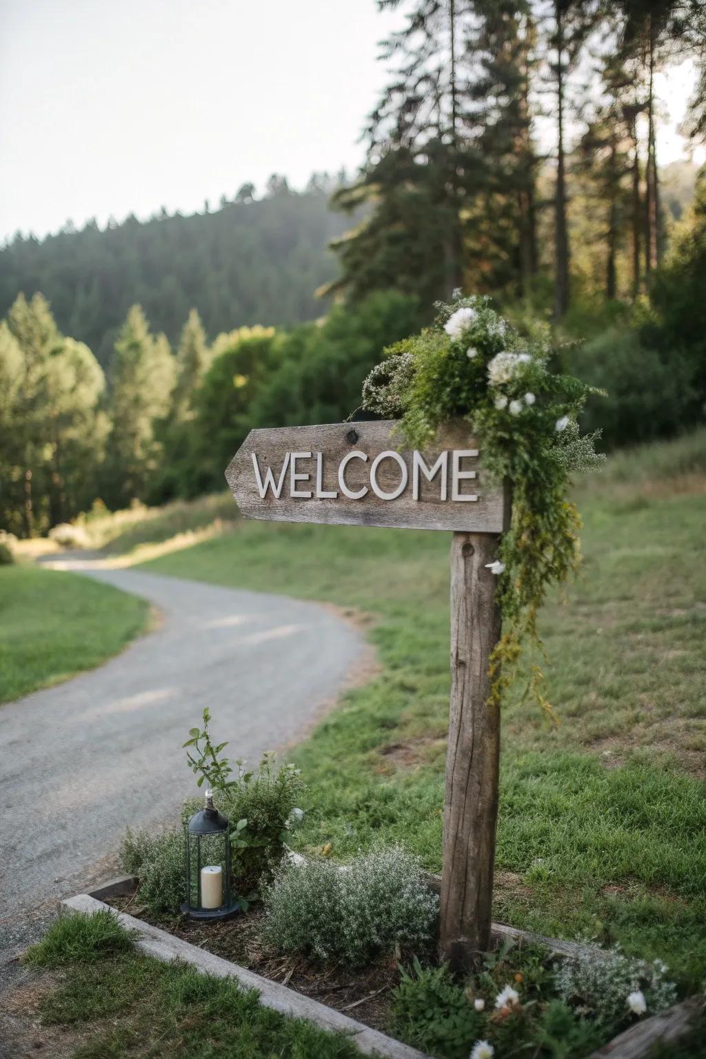 An eco-friendly welcome sign crafted from reclaimed wood, perfect for a sustainable wedding.