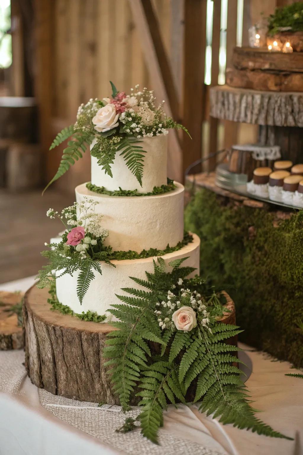Cake showcasing delicate ferns and blooms.