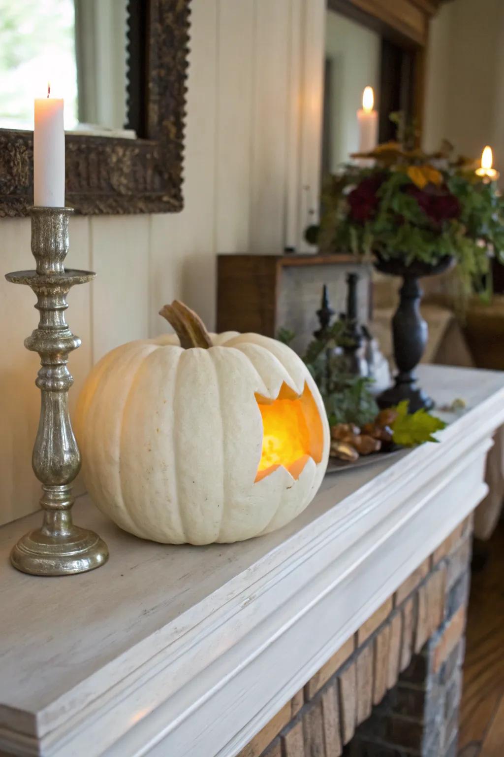 A cozy candlelight effect created with a sculpted pumpkin.