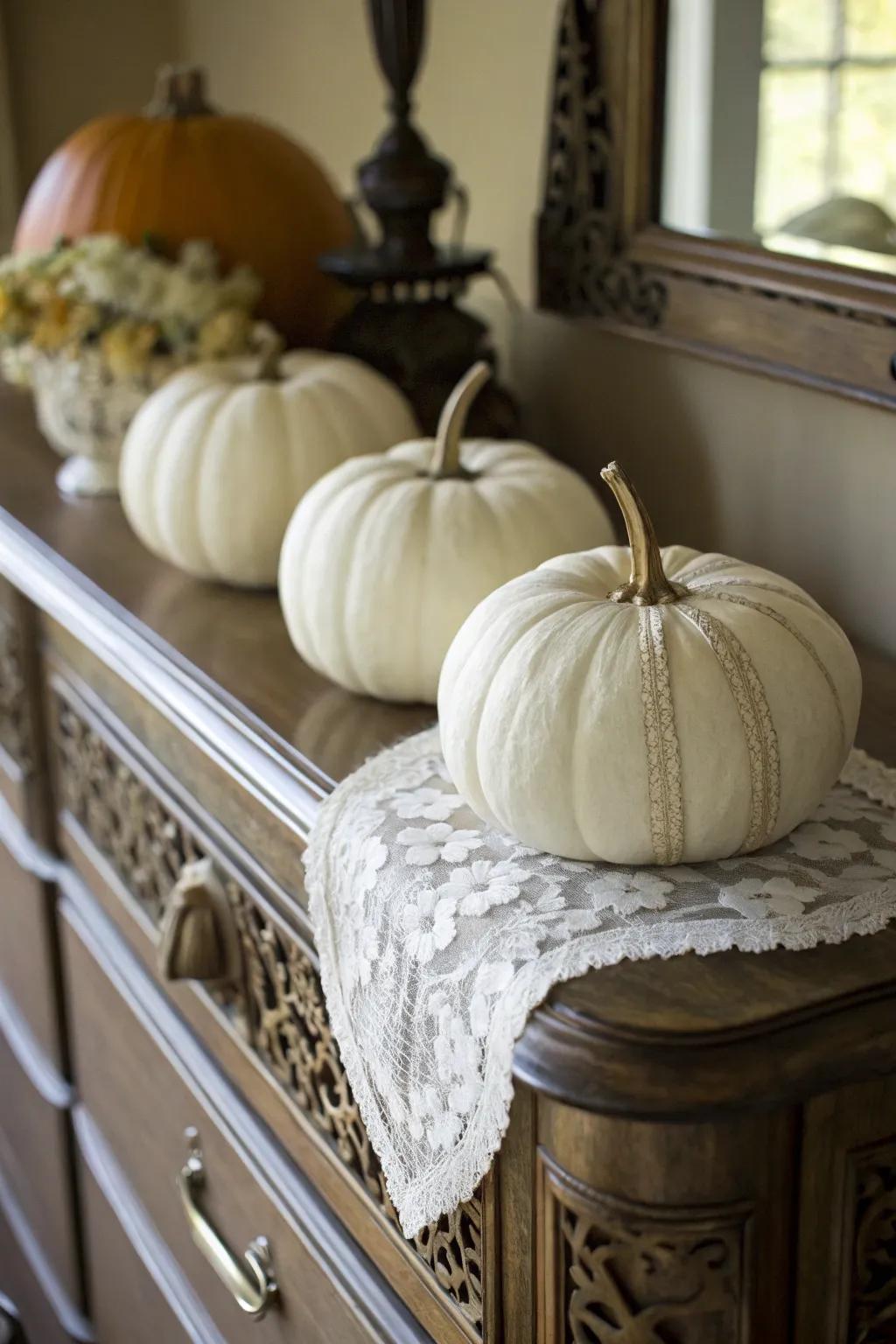 Pumpkins covered in netted fabric for a vintage element.