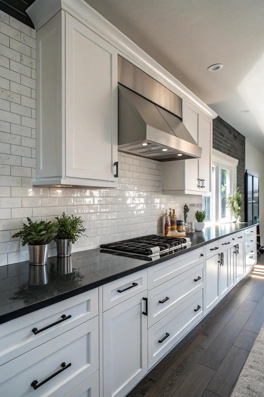 Sophisticated contrast created using a white stone composite backsplash and deep countertops.
