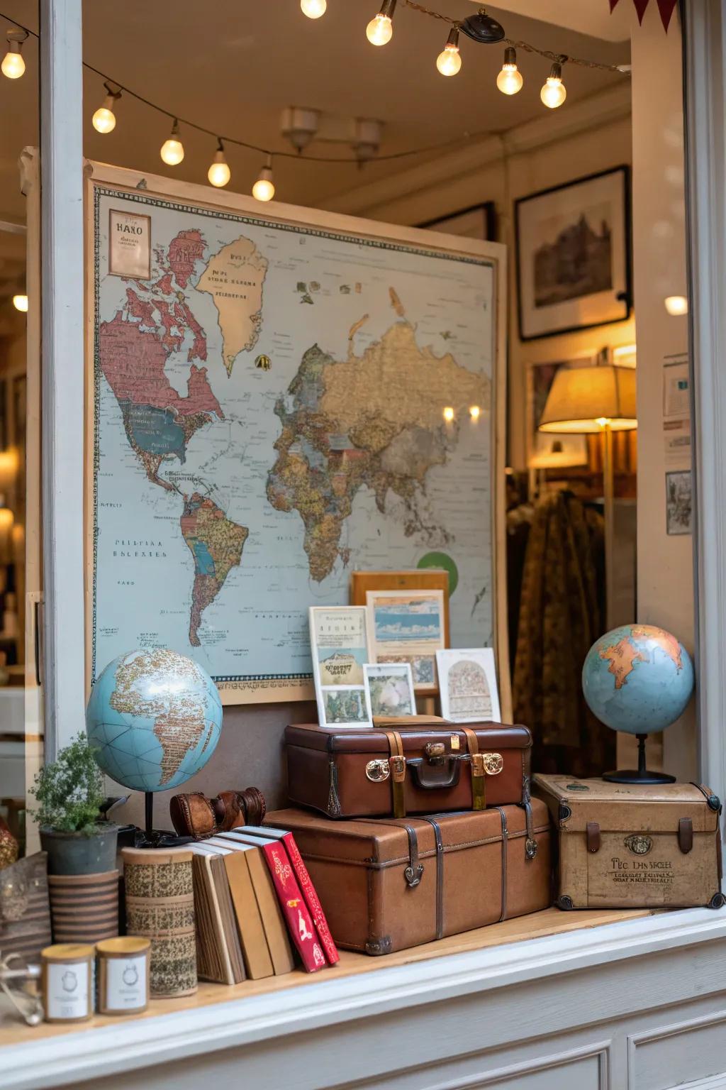 A travel-themed window display narrating a tale of adventure.